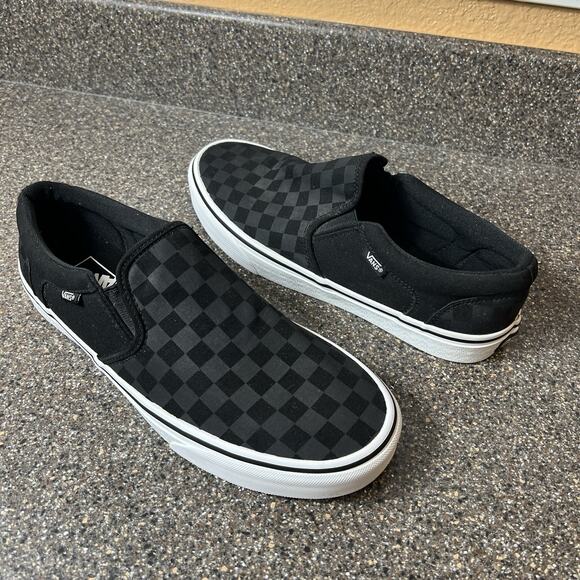 VANS Old Skool Classic Slip On Black Gray Check Canvas Skate Shoes Men's Size 10 - Picture 1 of 10